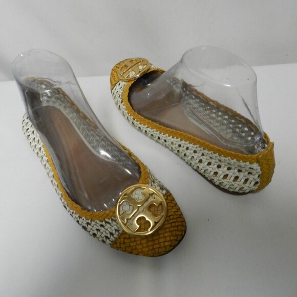 Tory Burch Chelsea Leather Woven Logo flats slides mustard white Size Sz 8.5 - Picture 2 of 13